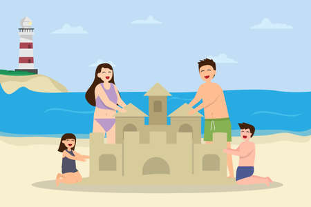 Quality time vector concept: Young parents and cute children build sand castle together while enjoying quality time in the beachのイラスト素材