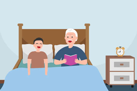 Reading book vector concept: Grandfather reads a book for his cute grandson on the bedのイラスト素材