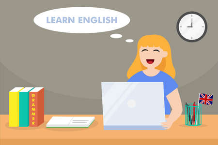 Learning english vector concept: College student learning english with laptop while sitting on the chairのイラスト素材
