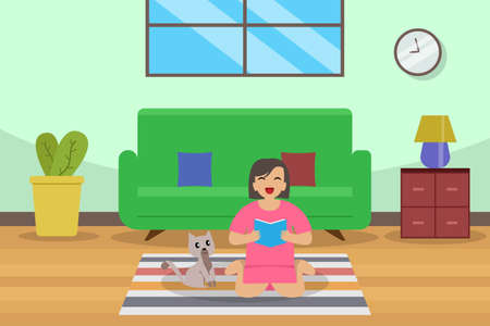 Reading book vector concept: Cute daughter reading a book with her cat at home while enjoying leisure timeのイラスト素材