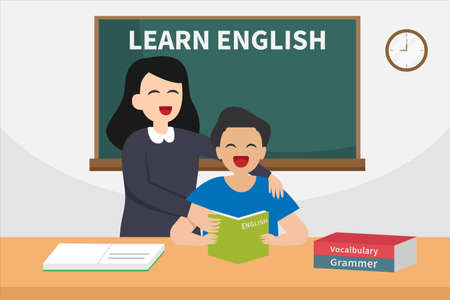 Learning english vector concept: Female teacher teaches english to little student while sitting together in the classroomのイラスト素材