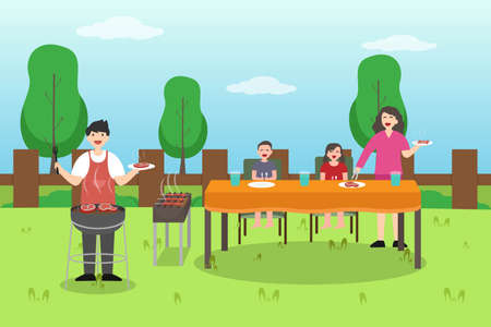Quality time vector concept: Young parents and children grill the meat together in the backyard while enjoying quality timeのイラスト素材