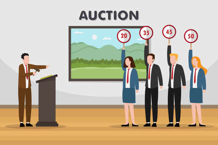 Auction vector concept: Group of people bidding picture with auction paddle while  male auctioneer...