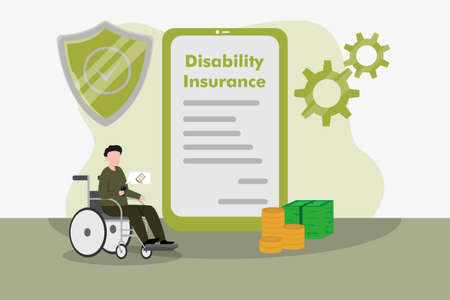 Disability insurance vector concept: Disabled man looking at disability insurance on mobile phone while sitting on wheelchairのイラスト素材