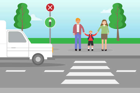 Parenthood vector concept: Little boy and his parents crossing the road together while holding handsのイラスト素材