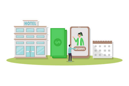 Reserved hotel vector concept: Young man reserved hotel room on mobile phone application while talking with receptionist onlineのイラスト素材