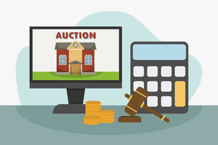 Online auction vector concept: Gavel and stuck of coins in online auction with computer and calculatorのイラスト素材