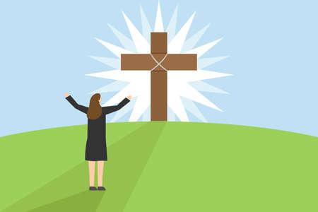 Religion vector concept. Woman praying to the cross on the hillのイラスト素材