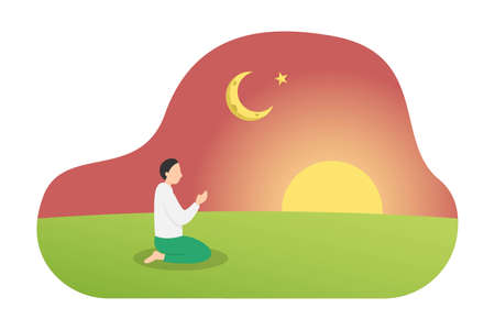 Religion vector concept. Muslim man praying on the morning at fieldのイラスト素材