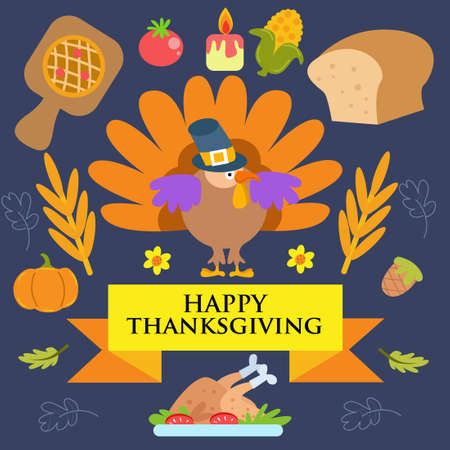 Happy Thanksgiving hand drawn Doodle cartoon set of objects and symbols