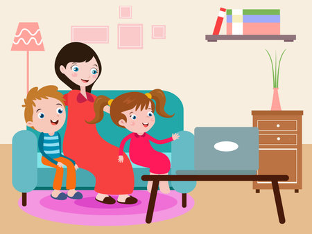 Happy mother with kids on laptop cartoon 2d vector concept for banner, website, illustration, landing page, flyer, etc.のイラスト素材