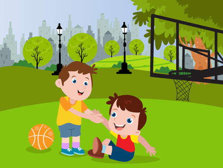 One boy helps the other kid while playing basketball cartoon 2d vector concept for banner, website, illustration, landing page, flyer, etc.のイラスト素材