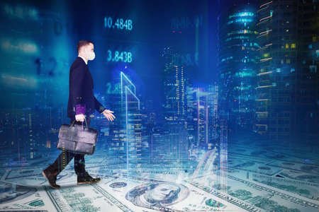 Double exposure of male manager wearing face mask while walking on the piles of banknotes with world exchange rate backgroundの写真素材