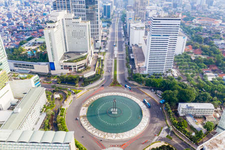 JAKARTA - Indonesia. July 27, 2021: Aerial view of Hotel Indonesia Roundabout road are quiet after implementing lockdown periods (PPKM) in Jakarta cityのeditorial素材