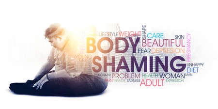 Double exposure of obesity man looks sad while thinks his body problems and sitting with body shaming textの写真素材