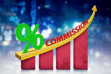 Image of growth finance graph with commission word and percentage symbol in blurred sparkling lights backgroundの写真素材