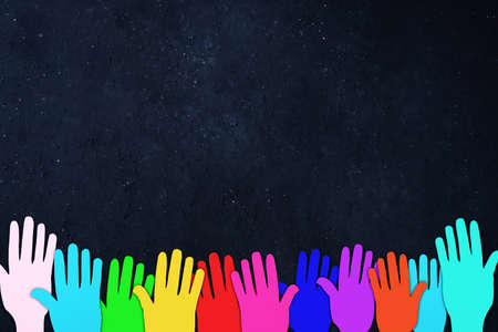 Dream vector concept. Group of colorful hands paper reaching the night sky full of stars
