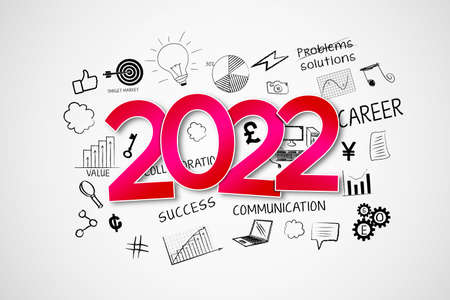 Close up of red 2021 numbers with business doodles on the whiteboard. Isolated on white background