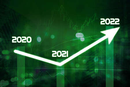 Close up of future growth business chart plan for the new year 2022 with skyscrapers background