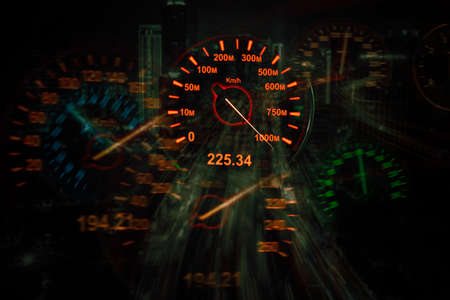 Double exposure of car speedometer speeding fast with night city background