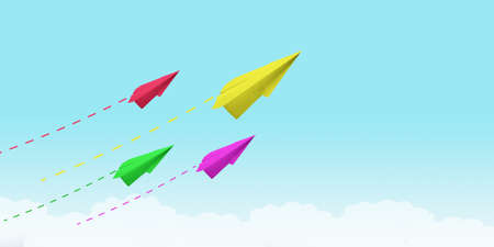 Image of four paper planes flying in the blue sky. Leadership conceptの写真素材