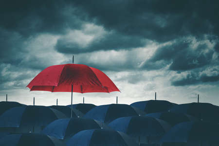 Concept of think differently. Red umbrella stand out from the crowd of black umbrellas at raining stormの写真素材