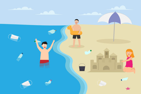 Water pollution vector concept: Group of children playing in the dirty beach with rubbish on the waterのイラスト素材