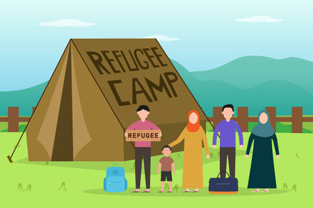 Refuge vector concept: Group of muslim refugees standing near the refugee camp with their bagsのイラスト素材
