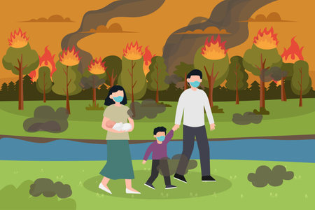 Air pollution vector concept: Young parents and children walking from forest fire while wearing face maskのイラスト素材