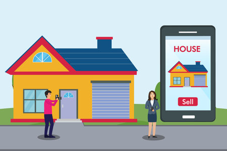 Realtor selling online a house on the mobile phone apps while taking photo and video in front of the houseのイラスト素材