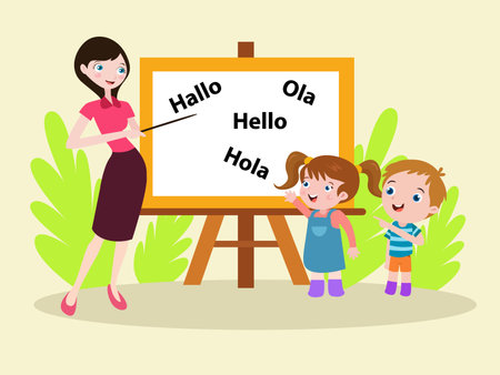 Learning language vector concept: Female teacher teaching language to her students on the whiteboardのイラスト素材