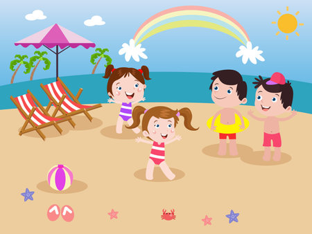 Rainbow view vector concept: Group of children enjoying holiday together in the beach with rainbow on the skyのイラスト素材