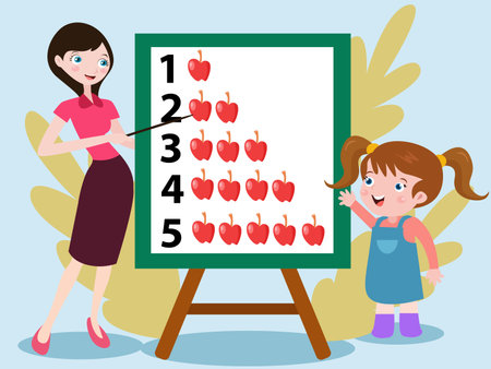 Learning math vector concept: Schoolgirl learning math with female teacher while looking at apple picture on the whiteboardのイラスト素材