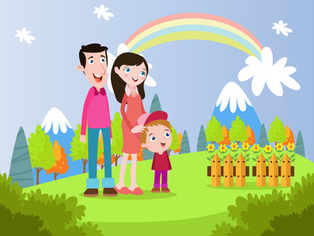 Rainbow vector concept: Happy family standing together on the hills with rainbow on the skyのイラスト素材