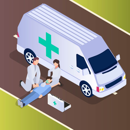 Paramedics and patient on road 3d isometric vector illustration concept for banner, website, landing...
