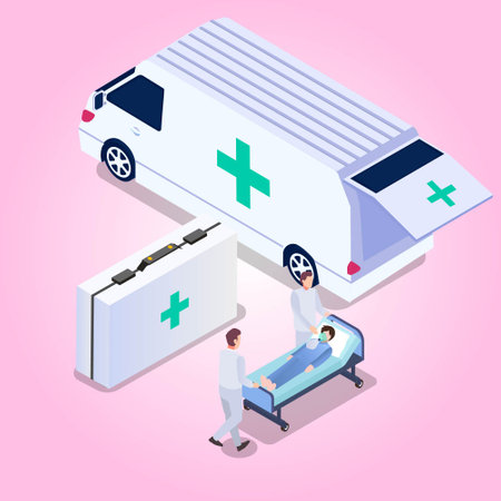 Paramedics taking patient to an ambulance 3d isometric vector illustration concept for banner, website, landing page, ads, flyerのイラスト素材