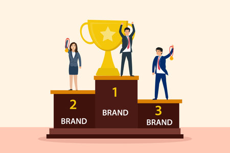 Business brand vector concept: Group of business people standing on the podium while holding gold medalのイラスト素材