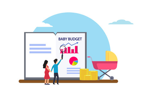 Baby budget vector concept: Young couple looking at baby budget diagram while using magnifying glassのイラスト素材