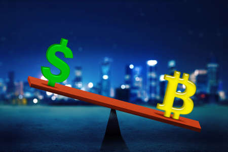 Close up of unbalanced value between bitcoin and dollar on the scales with night city background