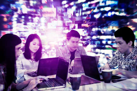 Group of people doing business meeting in the metaverse while working together