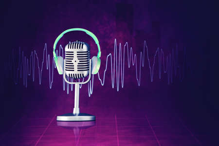 Image of vintage microphone and headset with sound wave audio spectrum line background