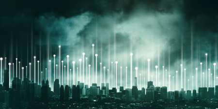 Aerial view of smart city with digital network connection. Shot with cloudy sky backgroundの写真素材