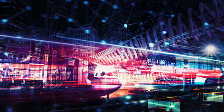 Double exposure of glowing smart city in metaverse with connection networkの写真素材