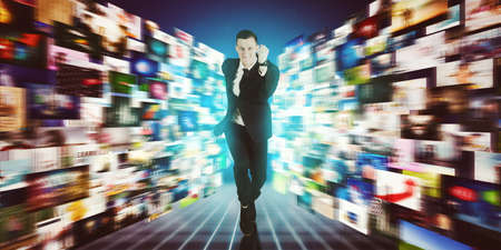 Caucasian businessman running fast in the metaverse with blurred virtual screen background