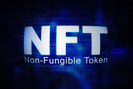 Image of Non fungible token text with code binary background in the metaverseの写真素材