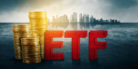 Image of exchange trade funds text near piles of gold moneys with cityscapeoo