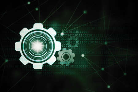 Image of cogwheel connecting each other with code binary in virtual screen background