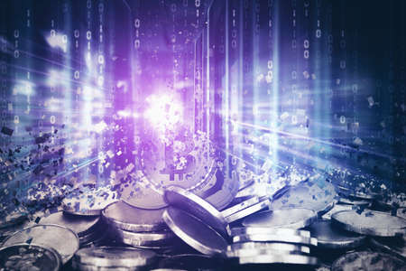 Close up of cryptocurrency coins changing be scattering hologram particles in cyberspace with blurred lights backgroundの写真素材