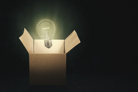Close up of bright light bulb get out from the cardboard box in the dark room