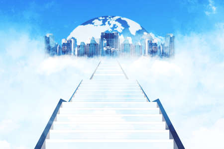 Image of empty stairs toward modern city and globe with blue sky background